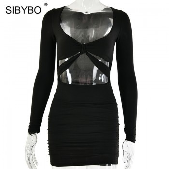 Hollow Out Pleated Mini Sexy Dress Women V-Neck Long Sleeve Knotted Black Apricot White
